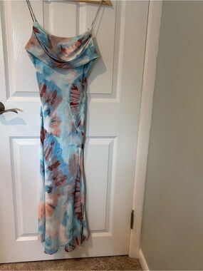 Saints + Secrets Tie-Dye Cowl Neck Midi Dress in Blue & Rust